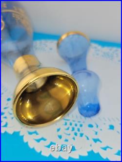 MCM Vintage Blue Murano Venetian Glass 24k Gold Trim Decanter &6 Glasses Set