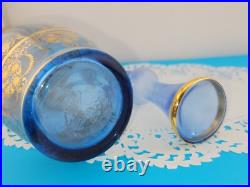 MCM Vintage Blue Murano Venetian Glass 24k Gold Trim Decanter &6 Glasses Set