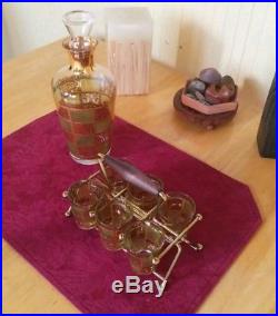 MID-CENTURY MODERN CULVER VTG 1950s 6 SHOT GLASS DECANTER CADDY SET ATOMIC GOLD