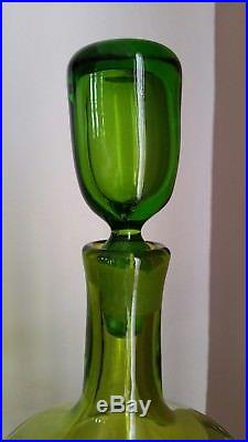MID Century Modern Vintage Blenko Green Ribbed Glass Decanter 15 1/2'' Tall
