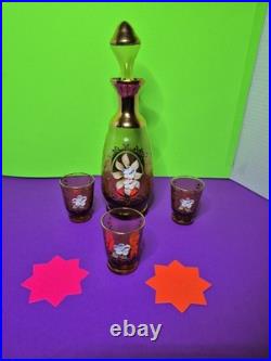 MURANO Amber Glass Decanter & Shot Glass Set 22K Gold Floral Details! VINTAGE