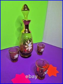MURANO Amber Glass Decanter & Shot Glass Set 22K Gold Floral Details! VINTAGE