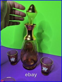MURANO Amber Glass Decanter & Shot Glass Set 22K Gold Floral Details! VINTAGE