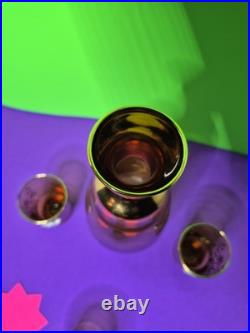 MURANO Amber Glass Decanter & Shot Glass Set 22K Gold Floral Details! VINTAGE