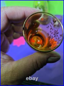 MURANO Amber Glass Decanter & Shot Glass Set 22K Gold Floral Details! VINTAGE
