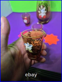MURANO Amber Glass Decanter & Shot Glass Set 22K Gold Floral Details! VINTAGE