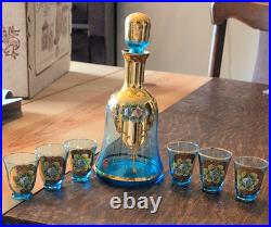 Made in Italy Blue & Gold Floral Painted Art Glass Decanter Set with 6 Shot VTG
