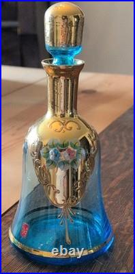 Made in Italy Blue & Gold Floral Painted Art Glass Decanter Set with 6 Shot VTG