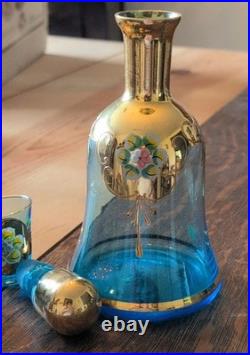 Made in Italy Blue & Gold Floral Painted Art Glass Decanter Set with 6 Shot VTG