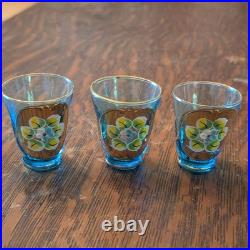 Made in Italy Blue & Gold Floral Painted Art Glass Decanter Set with 6 Shot VTG