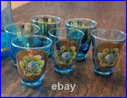 Made in Italy Blue & Gold Floral Painted Art Glass Decanter Set with 6 Shot VTG