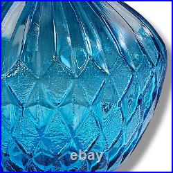 Mid Century Empoli Glass Decanter Aqua Blue Italian Glass Diamond Optic