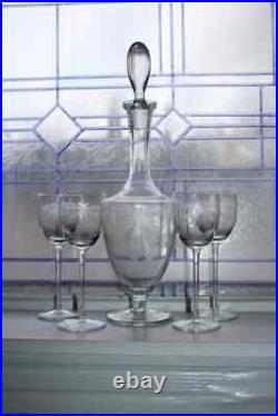 Mid Century Glass Decanter with 4 Glasses Vintage 50s Etched Design