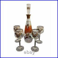 Mid Century Gold Rimmed Floral Glass Decanter and 4 Wine Glasses Set Vintage