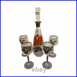 Mid Century Gold Rimmed Floral Glass Decanter and 4 Wine Glasses Set Vintage