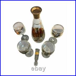 Mid Century Gold Rimmed Floral Glass Decanter and 4 Wine Glasses Set Vintage