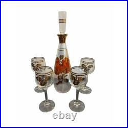 Mid Century Gold Rimmed Floral Glass Decanter and 4 Wine Glasses Set Vintage