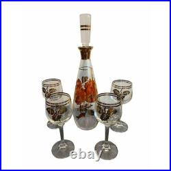 Mid Century Gold Rimmed Floral Glass Decanter and 4 Wine Glasses Set Vintage