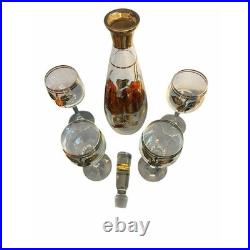 Mid Century Gold Rimmed Floral Glass Decanter and 4 Wine Glasses Set Vintage