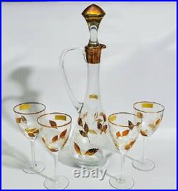 Mid Century Hand Blown Glass Gold Leaf Decanter Wine Glasses Stopper Barware VTG