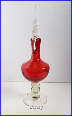 Mid Century MCM Vtg Bischoff Blown Glass Red Decanter With Stopper 16 Barware