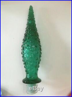 Mid Century Rossini Empoli Italian Green Glass Waves Vintage Decanter