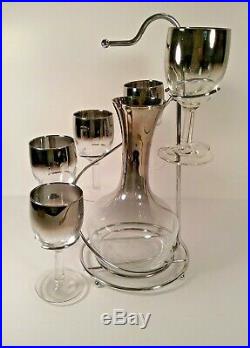 Mid Century Silver Fade Decanter & Glasses Set Dorothy Thorpe Vintage Retro 8p