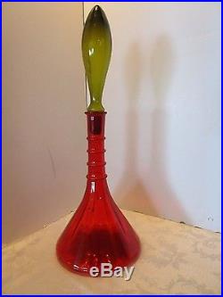 Mid-century Italy Glass Empoli red & green decanter Genie bottle 22 ½ tall VTG