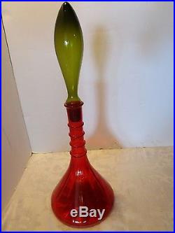 Mid-century Italy Glass Empoli red & green decanter Genie bottle 22 ½ tall VTG