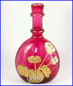 Mont Joye Antique French Cranberry Glass Carafe, Heavy Gold Enamel, Art Nouveau