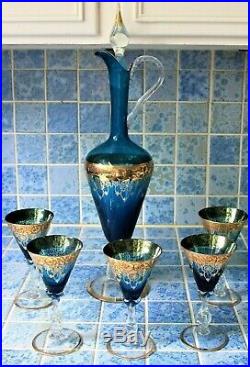 Murano Aqua Blue Wine Decanter Set, Vintage Italy Wine Glasses