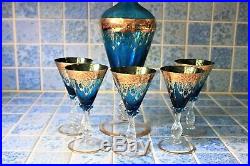 Murano Aqua Blue Wine Decanter Set, Vintage Italy Wine Glasses
