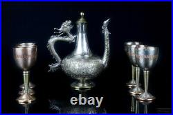Old Vintage Antique set for 6 persons, decanter with dragon and 6 glasses