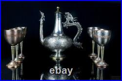 Old Vintage Antique set for 6 persons, decanter with dragon and 6 glasses