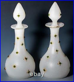PAIR Antique French Jeweled Opaline Glass 8 Tall Decanters, Scent Bottles