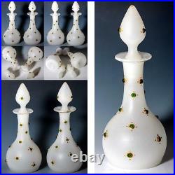 PAIR Antique French Jeweled Opaline Glass 8 Tall Decanters, Scent Bottles