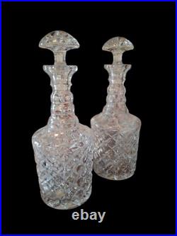 PAIR Vintage Decanter Pressedl Glass & Pressed w Stoppers 15 Tall