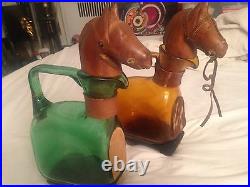 Pair 2 Vintage Hand Blown Glass Carved Wood Horse Head Decanter Liquor Bottle