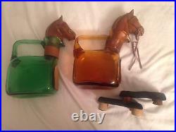 Pair 2 Vintage Hand Blown Glass Carved Wood Horse Head Decanter Liquor Bottle