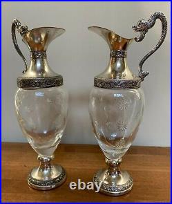 Pair Antique Vintage Etched Glass Decanter Silver Plate Dragon Italy Buton 1920