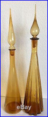 Pair Of Retro MCM Amber/yellow Art Glass Genie Bottle Empoli Vintage Decanters
