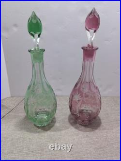 Pair Rare Vintage Bohemian Cut to Clear Crystal Decanters Green Cranberry Set
