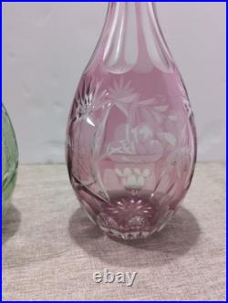 Pair Rare Vintage Bohemian Cut to Clear Crystal Decanters Green Cranberry Set