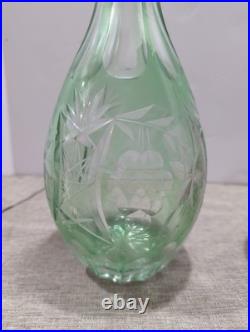Pair Rare Vintage Bohemian Cut to Clear Crystal Decanters Green Cranberry Set