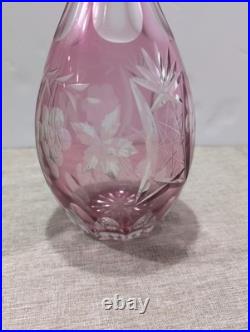 Pair Rare Vintage Bohemian Cut to Clear Crystal Decanters Green Cranberry Set