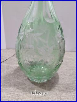 Pair Rare Vintage Bohemian Cut to Clear Crystal Decanters Green Cranberry Set