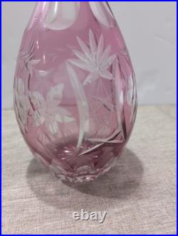 Pair Rare Vintage Bohemian Cut to Clear Crystal Decanters Green Cranberry Set