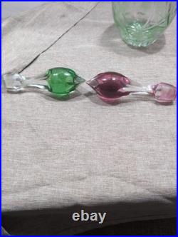 Pair Rare Vintage Bohemian Cut to Clear Crystal Decanters Green Cranberry Set