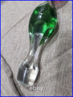 Pair Rare Vintage Bohemian Cut to Clear Crystal Decanters Green Cranberry Set