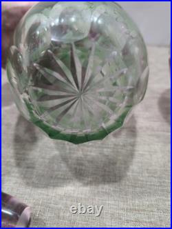 Pair Rare Vintage Bohemian Cut to Clear Crystal Decanters Green Cranberry Set